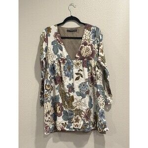 Zara Trafaluc Boho Floral Babydoll Mini Dress Long Sleeve Pockets Large Hippie